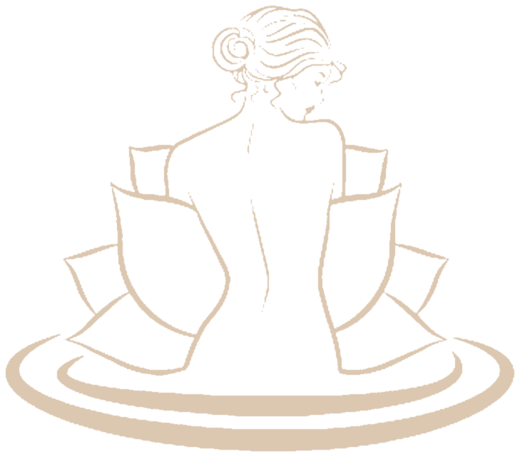 Le dessin du logo : une femme vue de dos, au milieu de pétales.